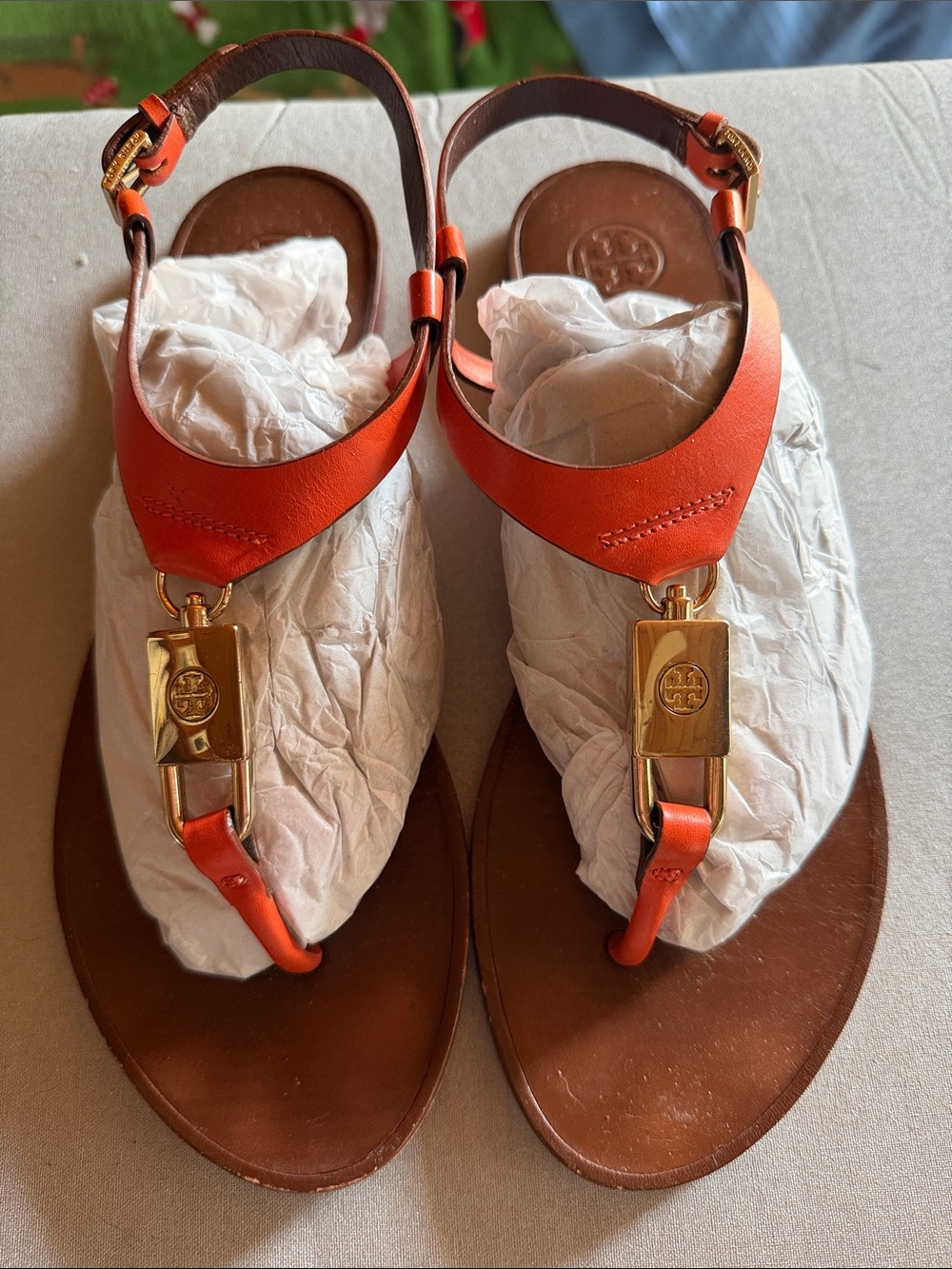 Tory Burch Orange Leather Gold-Accent T-Strap Sandals